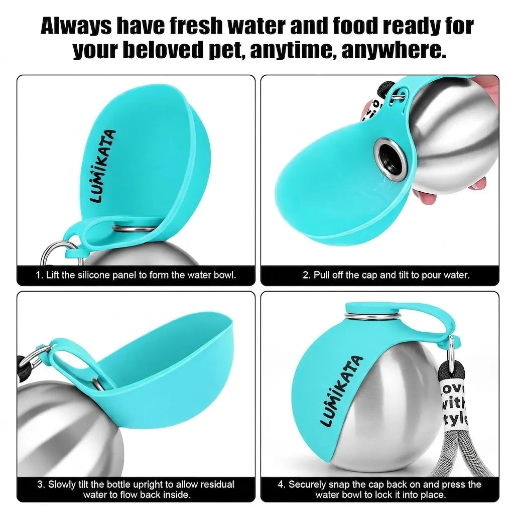 Lumikata 2-In-1 Portable Dog Water Bottle - 10Oz Stainless Steel, Silicone Foldable Bowl Mode, Leak-Proof Water Ball for Small Dog Walking, Pet Feeding Supplies