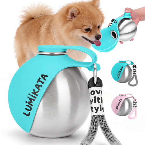 Lumikata 2-In-1 Portable Dog Water Bottle - 10Oz Stainless Steel, Silicone Foldable Bowl Mode, Leak-Proof Water Ball for Small Dog Walking, Pet Feeding Supplies