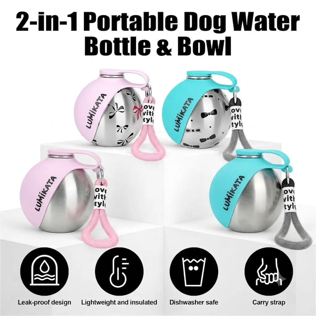 Lumikata 2-In-1 Portable Dog Water Bottle - 10Oz Stainless Steel, Silicone Foldable Bowl Mode, Leak-Proof Water Ball for Small Dog Walking, Pet Feeding Supplies